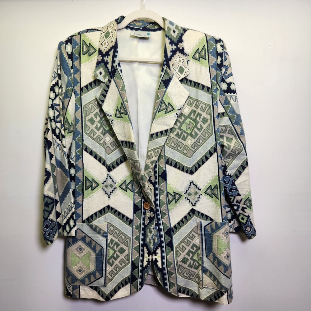 Vtg Danielle B Southwestern Print Blazer Lrg Cotton Flax Blend Lined Pockets 90s